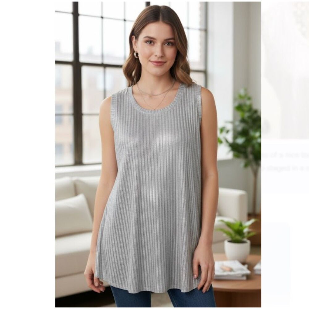 Pure Amici Tank Top Metallic  Silver Ribbed NWT Womens Size S